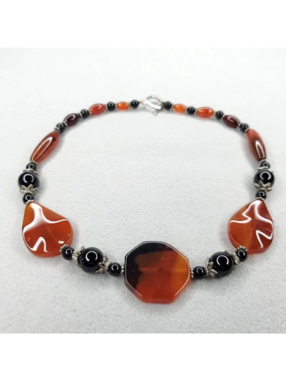 Polished Agate Beaded Necklace Rust Orange Black Toggle Boho 16
